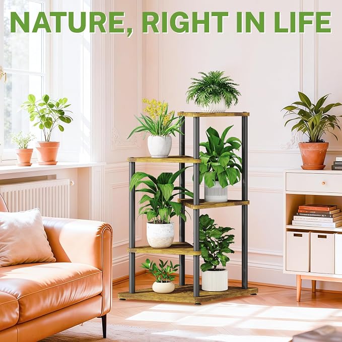 iDavosic.ly Tall Plant Stand Indoor for Large & Heavy Duty Planters, 4 Tier Corner Flower Shelf with Wooden Trays & Metal Frame, 33 Inch Orchid Rack for Living Room Balcony Porch, Black & Brown