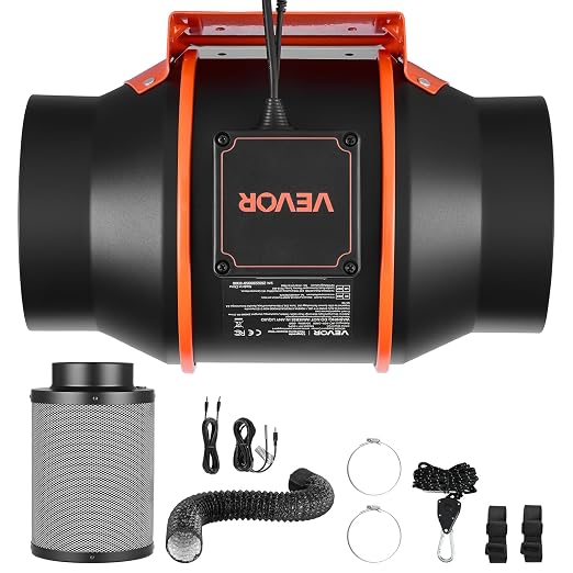 VEVOR Inline Duct Fan Kit Carbon Filter, 402 CFM 6 inch EC Motor Exhaust Ventilation Fan with 10-Speed, PWM Controller, App Control, Timer, Cooling System for Grow Tent, Indoor Gardening, Hydroponics