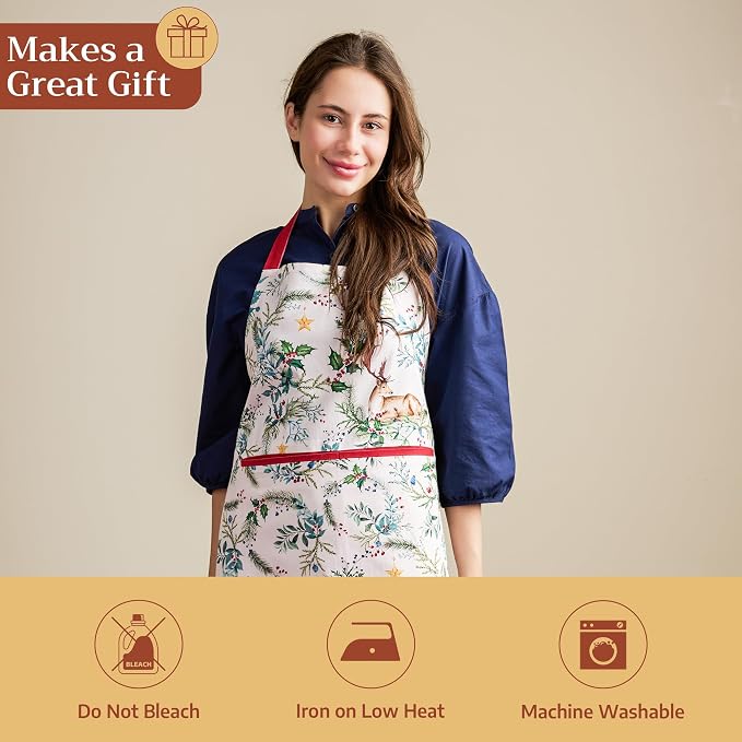 Maison d' Hermine Aprons for women with Pocket 100% Cotton (27.50"x31.50") | Adjustable Neck Strap & long ties Apron Men Chef Wedding Cooking Gardening Server Maid
