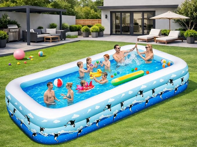 Large Inflatable Swimming Pool 145" x 74" x 22" Family Size Blow Up Pool for Adults & Kids, Oversized Backyard Kiddie Pool for Outdoor, Garden, Summer Water Party