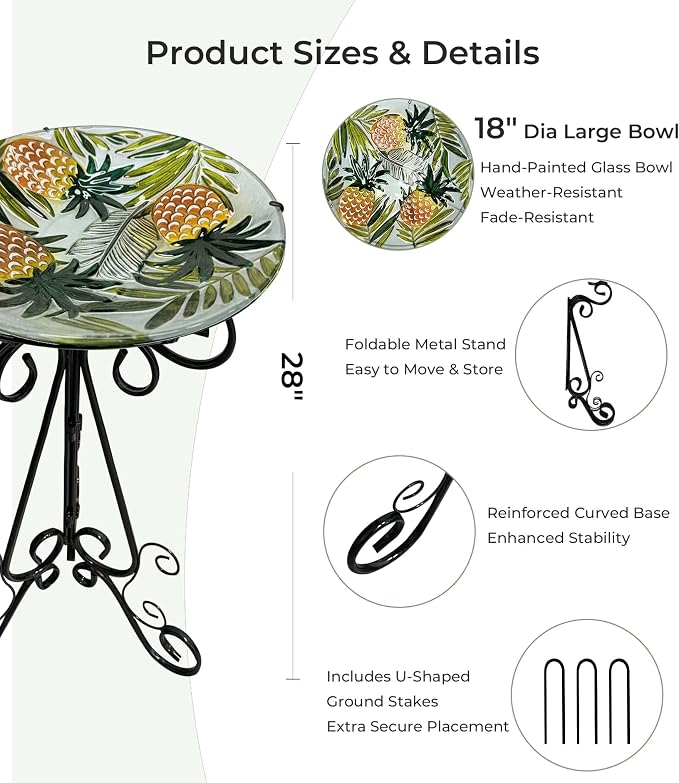 Large Bird Bath for Outside, Glass Bath Bowl with Metal Stand 28" H Standing Outdoor Birdbaths for Garden Yard Lawn Decor, Pineapple