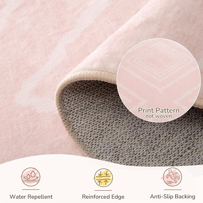 6'x9' Washable Area Rug for Living Room Bedroom Lightpink | Soft Western No Slip Low Pile Print Foldable Indoor for Kitchen Dining Room