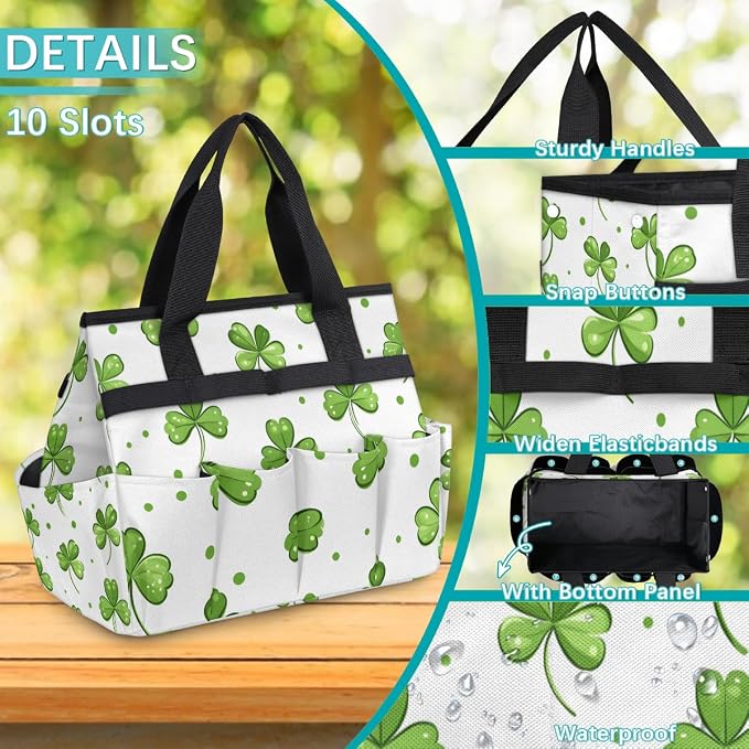 Clover Gardening Tool Bag,Heavy Duty Garden Tote Bag,Portable Oxford Leaf Gardening Storage Basket Organizer Handbag with Pockets Handle,Hand Tools Gifts for Outdoor Garden Lawn Yard