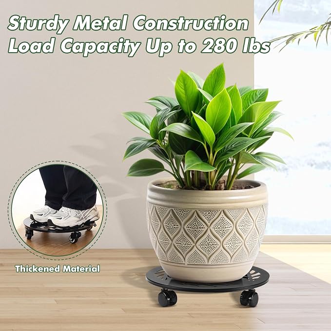 Planterhoma 2 Packs 14 Inch Rolling Plant Stand with Wheels Metal Plant Caddy with Wheels Heavy Duty Plant Rollers with Wheels Round Wrought Iron Plant Stand with Clear Saucers, Matte Black