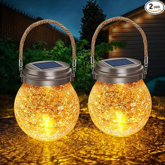DBF Solar Lanterns Outdoor 2 Pack - Waterproof IP65 Hanging Solar Lights with Warm Amber & RGB Colors, Crackle Glass LED Ball Lights Globes Garden Decorative for Patio Tree Backyard Pathway Railing