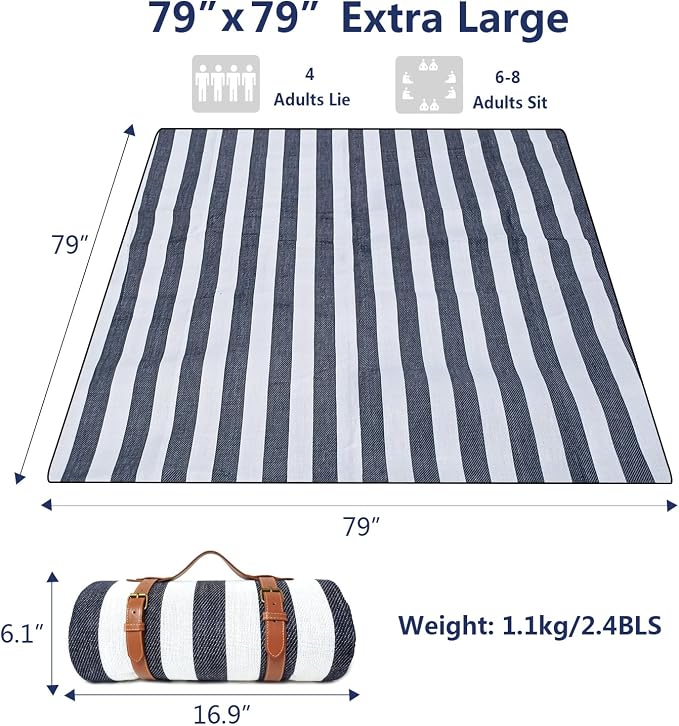 79”x79” Picnic Blanket Extra Large, Waterproof and Foldable Beach Blanket, 3-Layer Outdoor Blanket for 6 to 8 Adults, for Camping, Park, Beach, Grass, Indoors