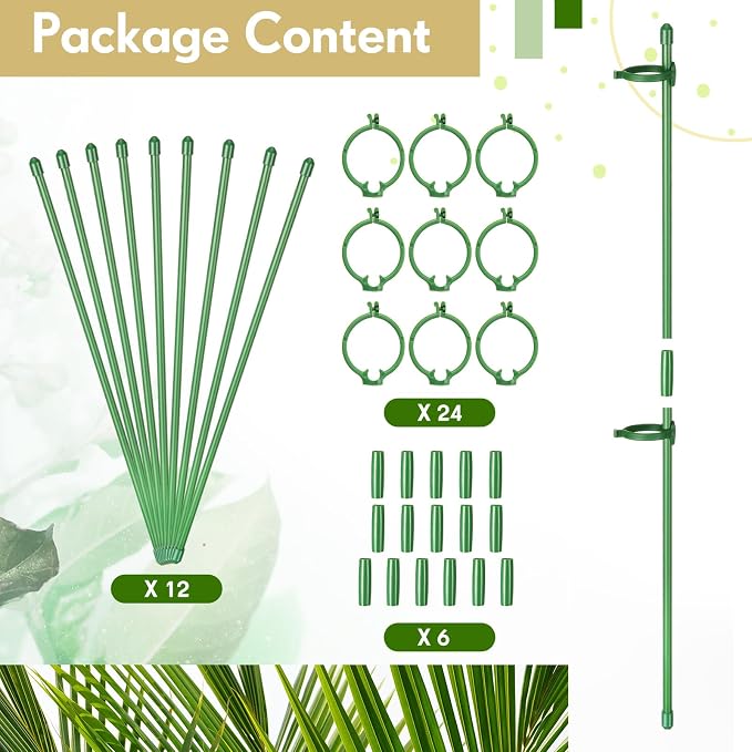 meekoo 12 Pcs 12 Inch Adjustable Plant Support Stakes for Indoor Outdoor Garden Orchid Stick Single Stem Plant Cage Support Rings with Clips and Connect Pipe for Tomato Flowers, Potted Plants (Green)