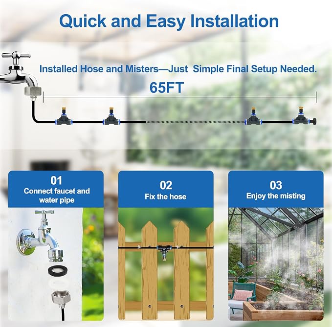 Pre-Assembled Mister Hose for Outside Patio, Misting System for Outdoor, 65Ft|20M. Backyard Cooling Mist for Garden, Greenhouse, Deck, Umbrella, Canopy, Pool, Porch.Trampoline Sprinkler Park, Chicken