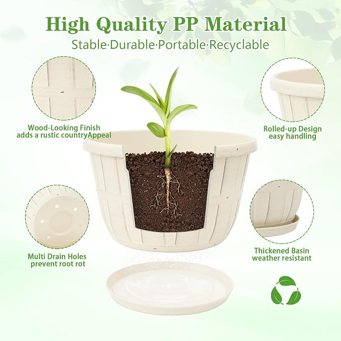 Quarut 10 inch Plastic Flower Pots for Indoor Plants，4 Pack Large Outdoor Planter Pot with Drainage Holes & Saucers，Imitation Wine Barrel Design，for Indoor Outdoor Garden Plants（White）