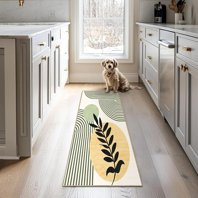 Green Boho Rug 2x6 Hallway Runner Rugs Mid Century Modern Rugs | Washable Geometric Tropical Leave Rug Low Pile Non-Slip Abstract Long Carpet for Kitchen Bedroom Doorway Bathroom Laundry