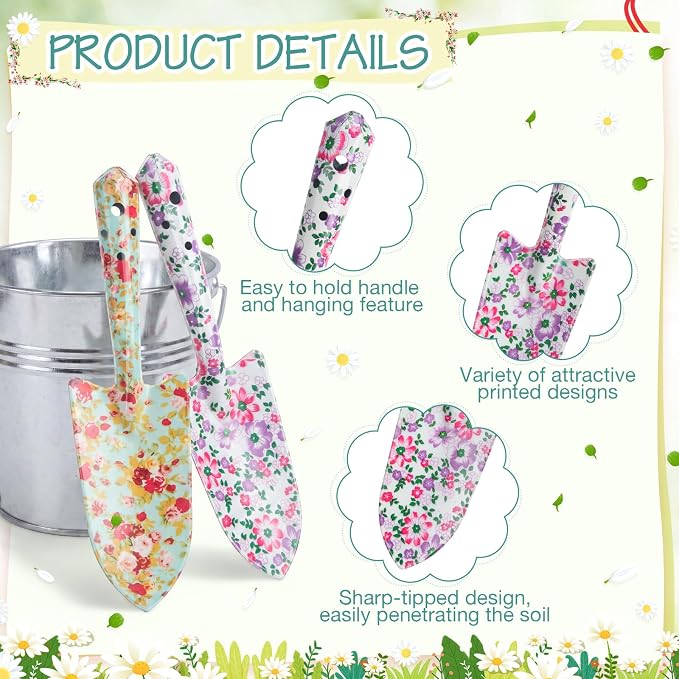 12 Pcs Floral Garden Shovels Bulk Gardening Gift for Women Heavy Duty Metal Garden Tools Floral Hand Shovel Planting for Summer Employees Birthday Thank You Gifts (Colorful Flowers)