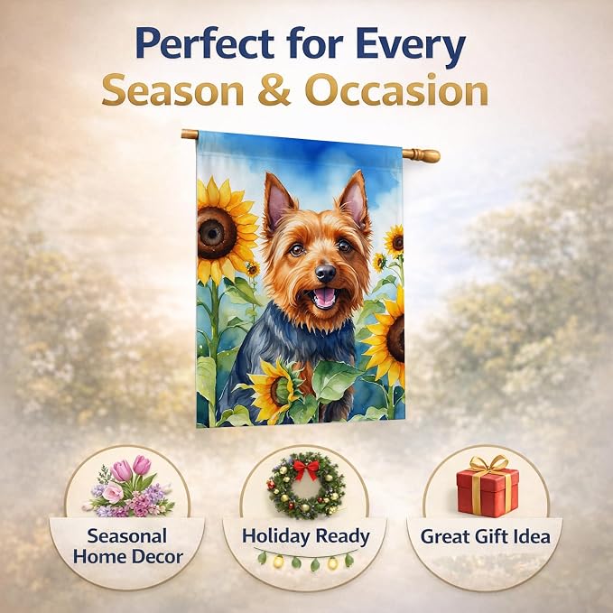 Caroline's Treasures DAC6015CHF Australian Terrier in Sunflowers House Flag Large Porch Sleeve Pole Decorative Outside Yard Banner Artwork Wall Hanging, Polyester, House Size, Multicolor