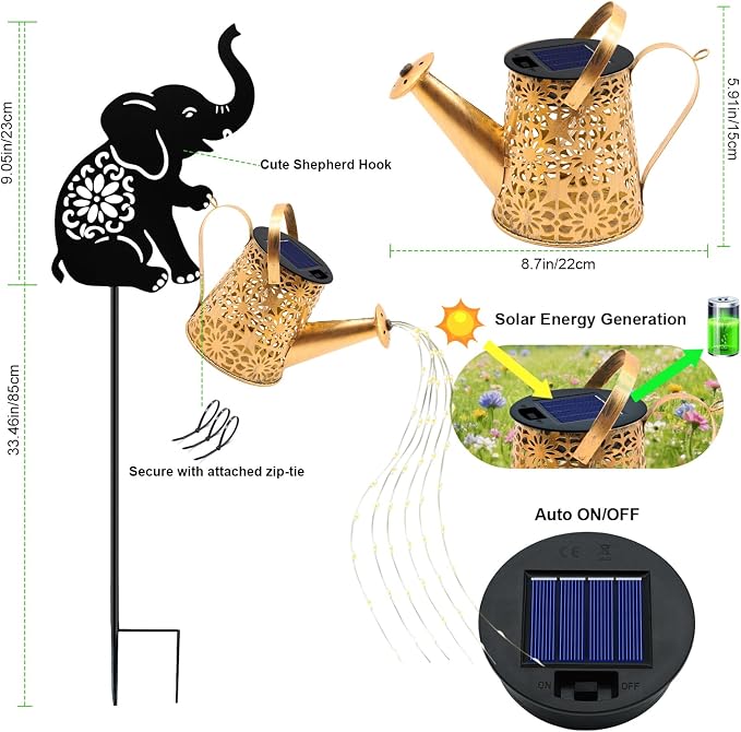 Solar Watering Can Lights, Elephant Hanging Lantern Solar Lights Outdoor, Birthday Gifts for Mom Women Mother's Day, Waterproof Garden Decor Outside Patio Yard Pathway Backyard, 2 Pack