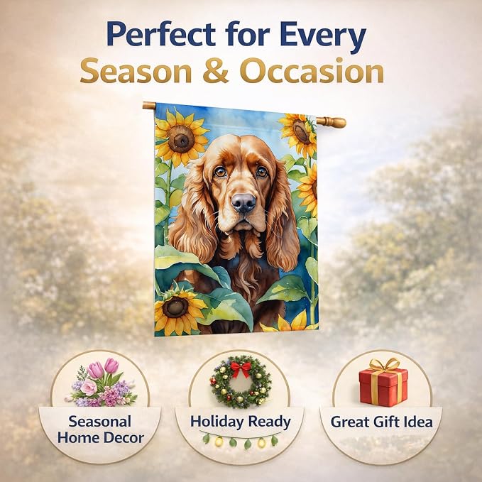 Caroline's Treasures DAC6059CHF Cocker Spaniel in Sunflowers House Flag Large Porch Sleeve Pole Decorative Outside Yard Banner Artwork Wall Hanging, Polyester, House Size, Multicolor