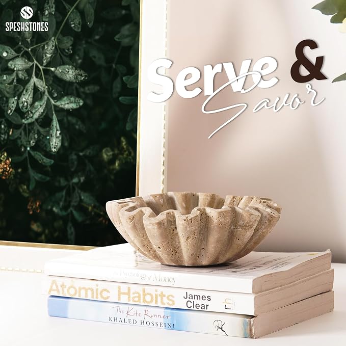 Marble Small Decorative Bowl 6 Inch Handmade Travertine Ruffle Bowl, Small Bowls for Tables Centerpieces & Gifts, Fluted Ring Dish, Fruit & Key Bowl for Entry Table, Scalloped Bowl