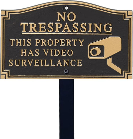SmartSign 5.75 x 9.5 inch “No Trespassing - This Property Has Video Surveillance” GardenBoss Statement Plaque with 18 inch Lawn Stake, 375 mil Rustproof Aluminum, Black and Gold, Set of 1, USA-Made