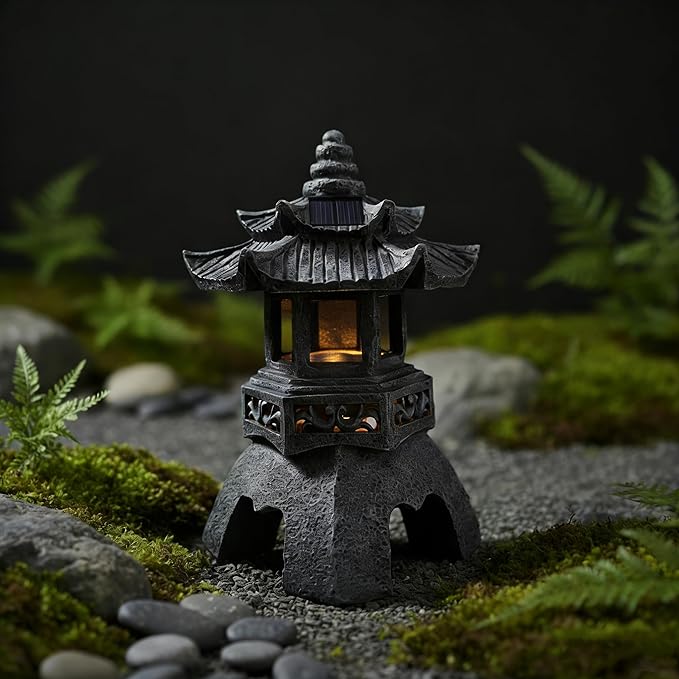 Solar Pagoda Lantern Garden Statue: Japanese Zen Lantern Garden Decor-LED Figurine Lamp Pagoda Statue Figurine for Home Table Outdoor Decor
