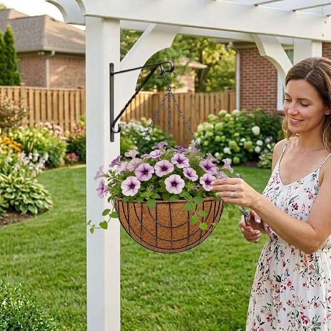 14 Inch Metal Hanging Basket with Coco Coir Liner for Flowers Planting, 4 Pack Hanging Baskets for Plants Outdoor, Mesh Grid Round Wire Planters with Chain for Home Patio Porch Balcony Garden Decor