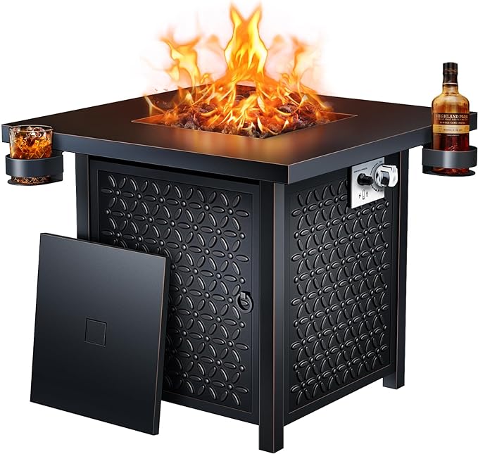 Ciays Propane Fire Pit, 27-inch Fire Pit Table with Two Cup Holders, 50,000 BTU Steel Gas Fire Pit with Pulse Ignition System, Perfect for Patio, Garden & Backyard Gatherings, CIFPT11B, Black