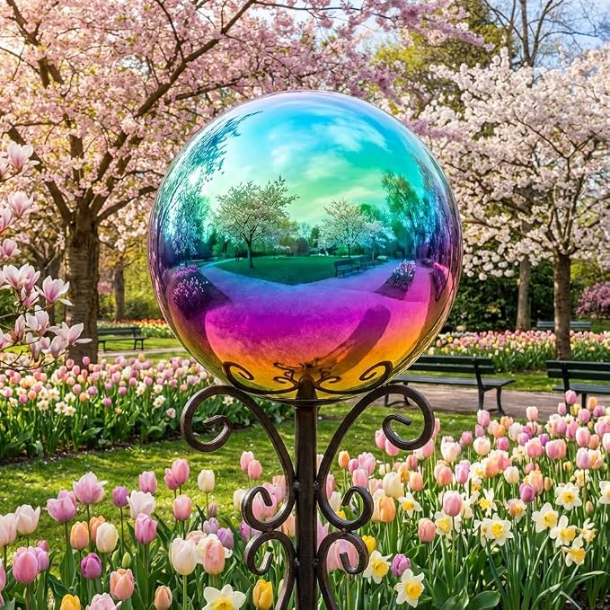 25cm/10 inch Garden Sphere Mirror Gazing Ball,Rainbow Stainless Steel Polished Reflective Smooth Hollow Globe Ball,Durable Colorful and Shiny Decorations Addition to Garden Patio Yard Home