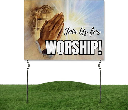 Join Us for Worship! Yard Sign by DC | 24"x18" Double Sided Church Garden Sign with 13” Metal Stakes | Outdoor Signs Waterproof for Lawn, Patio, Sidewalk & House | Set of 5 | Made in USA