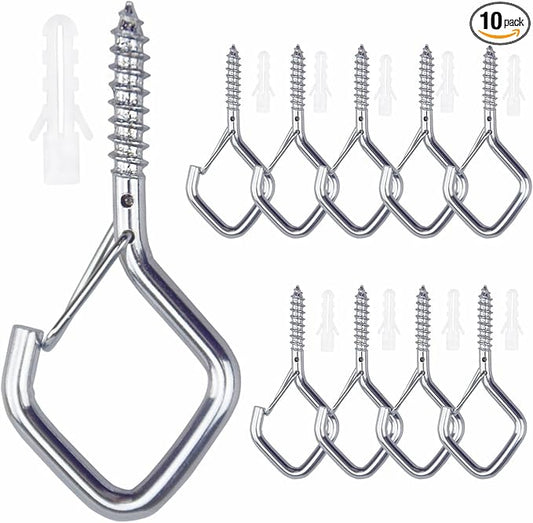 10 PCS Eye Screw Hooks for Hanging Heavy Duty with Safety Buckle.Metal Ceiling Hooks for Hanging Plants,Cup,Wind Chime,Bird Feeders,christmas String Lights at Indoor&Outdoor,2.36 Inch(No Drill Bit)