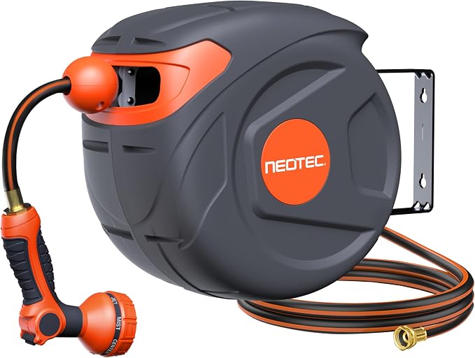 1/2" x 50ft Retractable Garden Hose Reel, Wall Mounted with Any Length Lock, 9 Pattern Nozzle, Automatic Slow Return, 180° Swivel, UV Resistant Heavy Duty Hose Reel for Outdoor Use