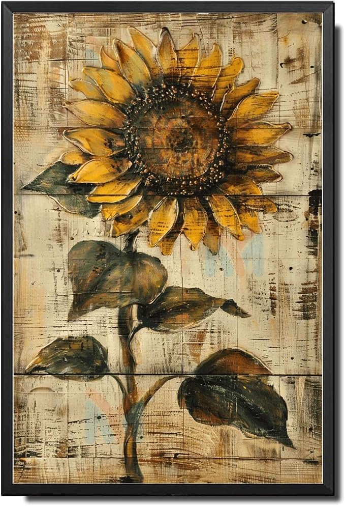 Metal Sign Tin Sign Vintage Shabby Chic Sunflower Tin Sign for Rustic Wall Decor Antique Artistry and Distressed Wood Surface Funny Bathroom Decor for Club 12×16 Inches with Metal Frame