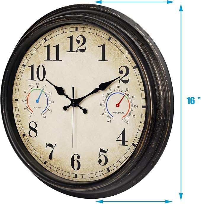 16 Inch Large Outdoor Clock with Thermometer and Hygrometer Combo, Waterproof Indoor Outdoor Wall Clocks for Patio, Pool, Garden, Backyard Decor- Retro Bronze