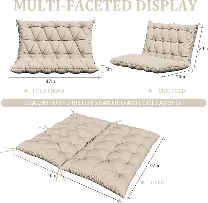 Porch Swing Cushion with Backrest,Waterproof Bench Cushion for Outdoor Furniture,2-3 Seater Replacement Thickened 5 in swing cushion,with Ties,Patio,Outdoor,Backyard and Cream (Cream,47x40 in)