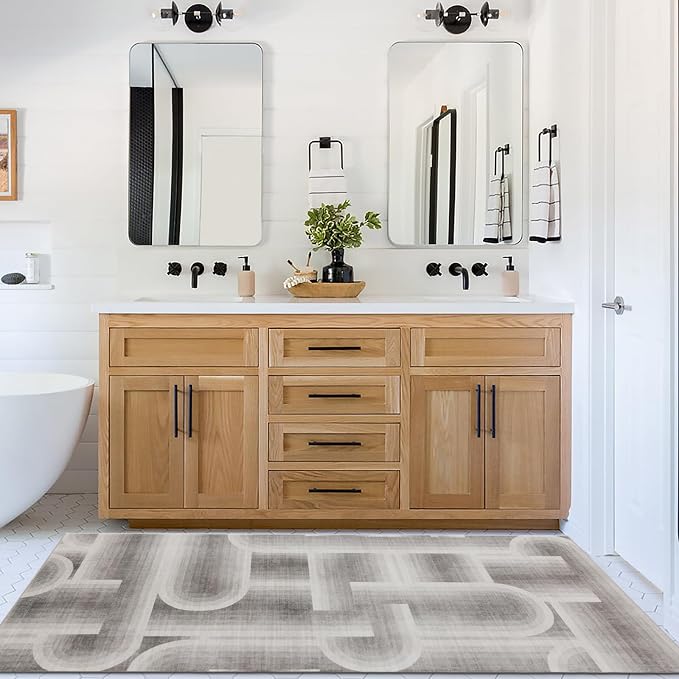Machine Washable Area Rug Runner - Living Room Bedroom Bathroom Kitchen Entryway Office - Non-Slip Baking Low Pile Stain Resistant Premium - Modern Geometric - Lyra - Beige 2'6" x 8'