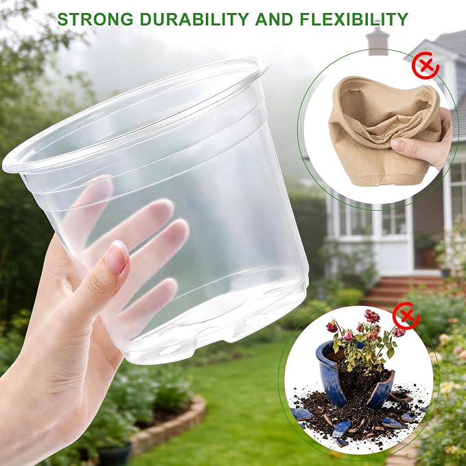 5/6/7/10 Inch Clear Nursery Pots with Drainage & Saucers 20PCS , Plant Large Pots with Labels, Seedling Tool & Hole Puncher, Plastic Nursery Pots for Succulents, Seedings, Herbs, Flowers, Vegetables