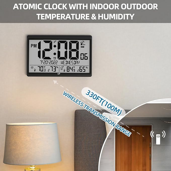 LFF Atomic Clock/Never Needs Setting, Battery Operated, Atomic Wall Clock with Indoor/Outdoor Temperature & Humidity, Wireless Outdoor Sensor, 15" Digital Wall Clock with 4.5" Numbers Easy-to-Read