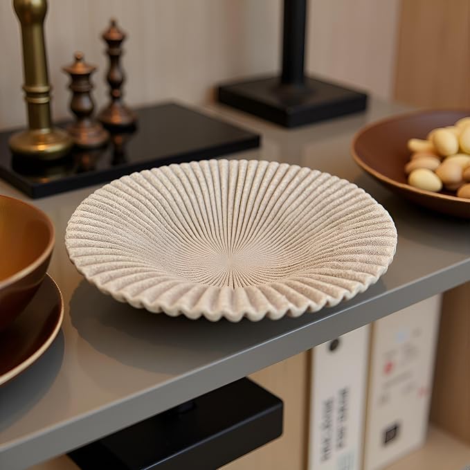 Decorative Bowl decor Tray, Scalloped Pedestal Bowls for Modern Home Decor,Ruffle Decor,Stylish Key Bowl for Entry Table,Decorative Fruit Bowl for Kitchen Counter,Artificial Stone Beige