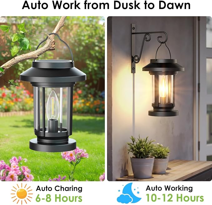 Greluna Solar Lantern Outdoor, Waterproof Candle Style Bulb Solar Hanging Lights, Auto On/Off Decorative Garden Lights for Patio Yard Porch Pool Pathway Camping Tabletop Decor