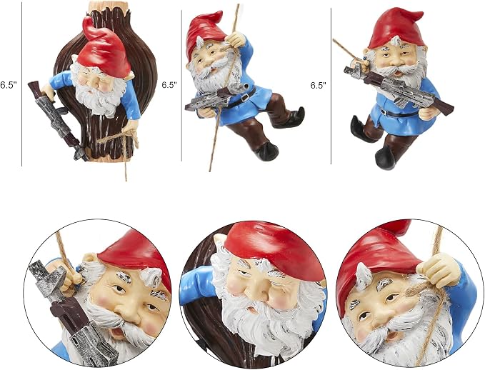 Garden Climbing Tree Gnomes Gun SWAT Climbing Team Figurines, Adorable Gardens Decor, 3 Pack of Durable Colorful Weather Proof Indoor & Outdoor Ornaments, Lawn Trees, Yard, or Patio, 6.5" Sculpture