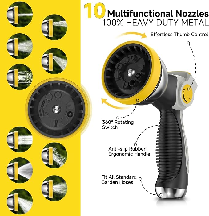Retractable Garden Hose Reel, 1/2 in x 100 ft Heavy Duty Wall Mounted Water Hose Reel for Outside, UV Resistant Shell, Any Length Lock, Slow Rewind System, 180° Swivel Bracket, 10 Pattern Metal Nozzle
