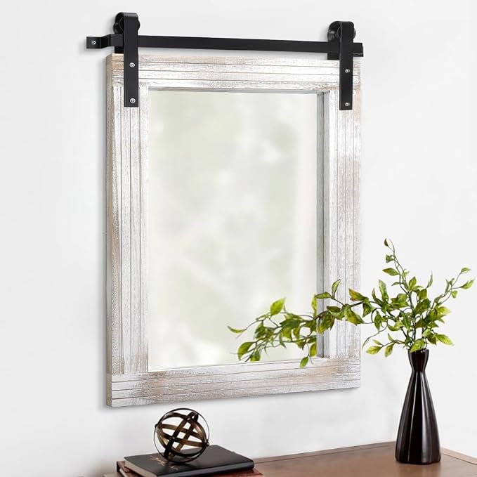 AAZZKANG Mirrors for Wall Rustic Barn Door Mirror with Wood Framed Rectangle Farmhouese Bathroom Mirror Decorative Hanging Mirror for Bedroom Vanity Entryway 20"x16"