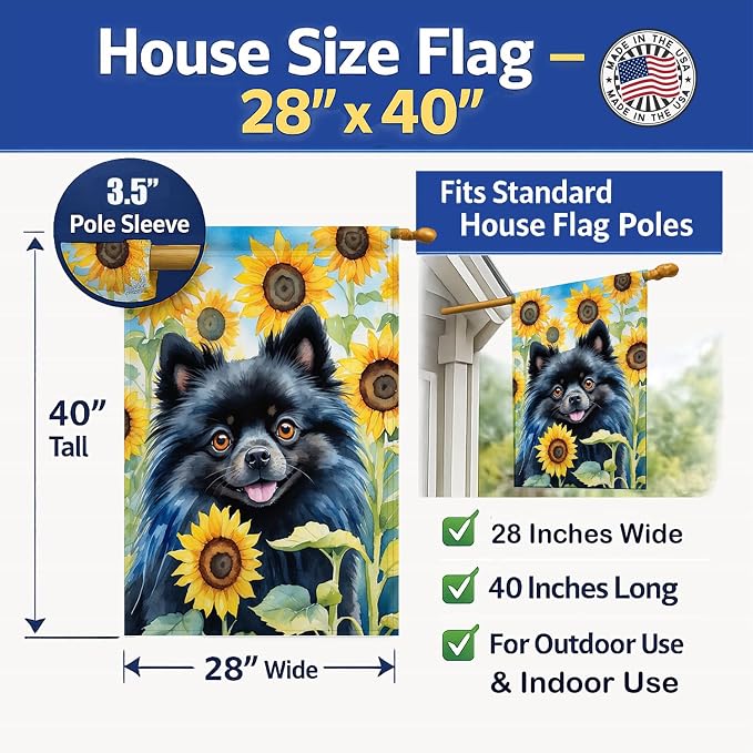 Caroline's Treasures DAC6135CHF Pomeranian in Sunflowers House Flag Large Porch Sleeve Pole Decorative Outside Yard Banner Artwork Wall Hanging, Polyester, House Size, Multicolor