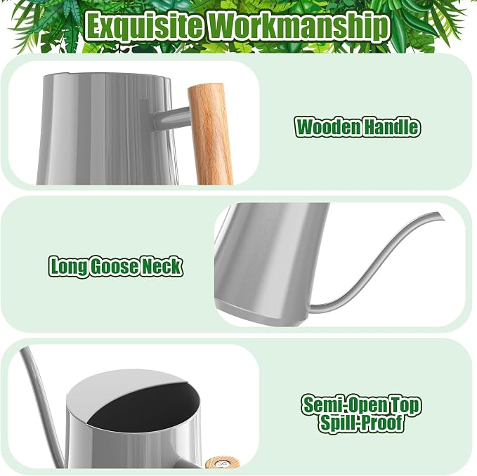 Green Moon 1L/35oz Metal Watering Can Indoor with Long Spout, Gray | Metal Stainless Steel Watering Can with Wood Handle for Indoor Plants, House Bonsai, Succulents, and Outdoor Garden Flowers