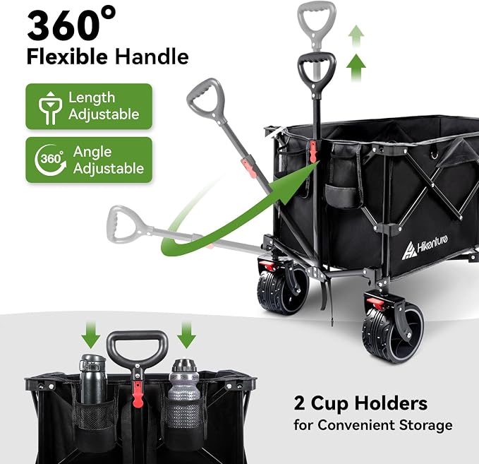Hikenture Foldable Beach Wagon with Big Wheels for Sand, 330 lbs Capacity | Large wagon for beach, camping, sports & grocery hauling; Big wheels for sand & gravel; One-hand fold