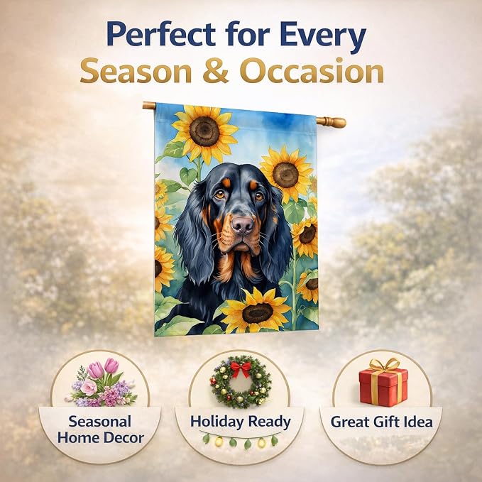 Caroline's Treasures DAC6090CHF Gordon Setter in Sunflowers House Flag Large Porch Sleeve Pole Decorative Outside Yard Banner Artwork Wall Hanging, Polyester, House Size, Multicolor