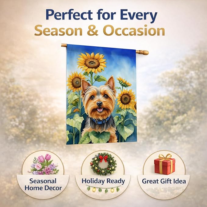 Caroline's Treasures DAC6165CHF Silky Terrier in Sunflowers House Flag Large Porch Sleeve Pole Decorative Outside Yard Banner Artwork Wall Hanging, Polyester, House Size, Multicolor