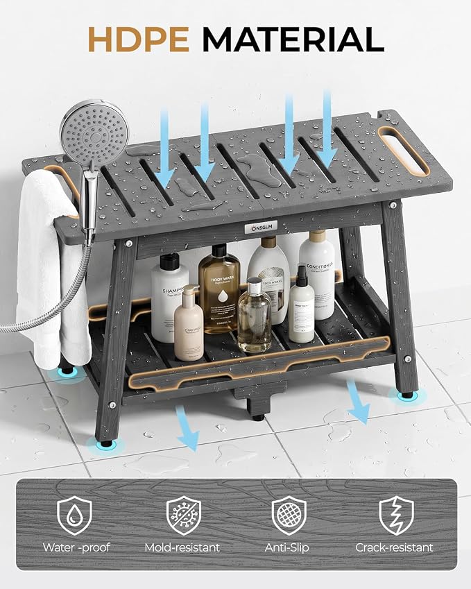 28" Extra Large Shower Bench, HDPE Waterproof Shower Chairs Seat, Adjustable and Non-Slip Feet, Shower Stool for Inside Shower to Sit On, Indoor/Outdoor Use, As Porch Bench, Garden Entryway, Grey