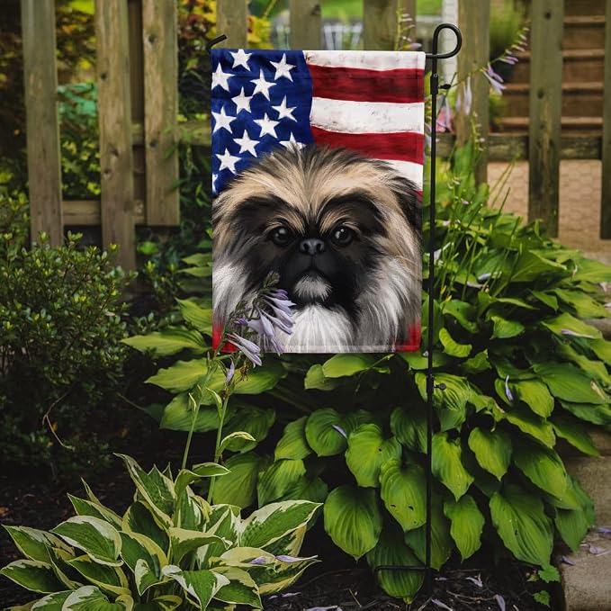 Caroline's Treasures CK6488GF Chinese Imperial Dog American Flag Garden Flag Mailbox Flag Decorative Yard Flag Banner Outside Patio Artwork Yard Flower Beds, Garden Size, Multicolor