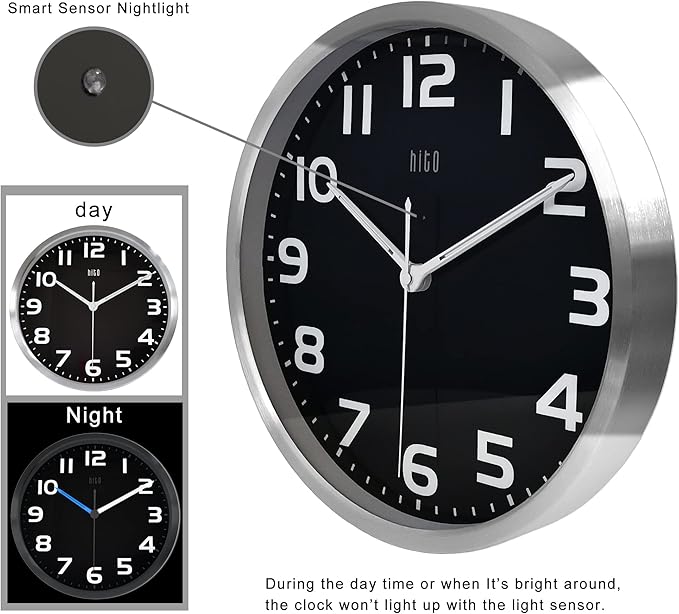 HITO 12 Inch Night Light Wall Clock Battery Operated Brightness Adjustable, Metal Frame, Glass Cover(Hands + Numbers Illuminate)