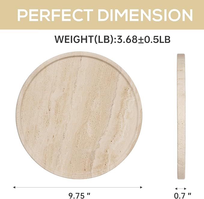 Koville Natural Travertine Tray for Home Decor, 10 Inch Round Serving Tray for Kitchen and Coffee Table, Decorative Marble Bathroom Trays for Counter, Luxury Vanity Tray, Light Beige Stone Tray