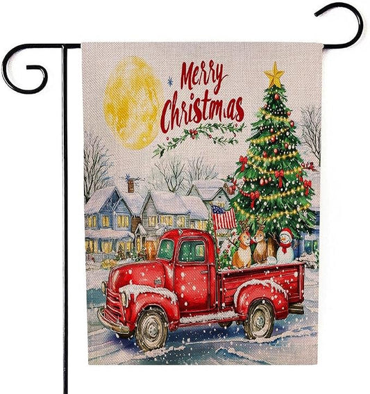 EMMTEEY Truck Garden Flag Red Truck with Christmas Tree House Burlap Garden Flags 12.5X18 Small Christmas Flag Double Sided Winter Garden Flags for Outside Outdoor Garden Flags for Winter Decoration