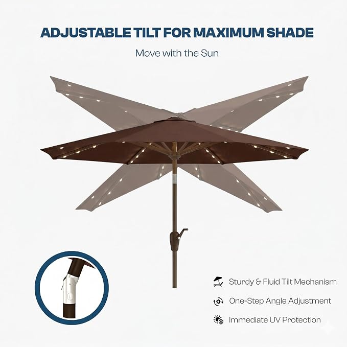 10FT Solar Patio Umbrella with Lights, Outdoor Table Market Umbrella with 32 LED Lights, 8 Sturdy Ribs, Push Button Tilt and Crank for Pool, Deck and Garden, UV-Resistant