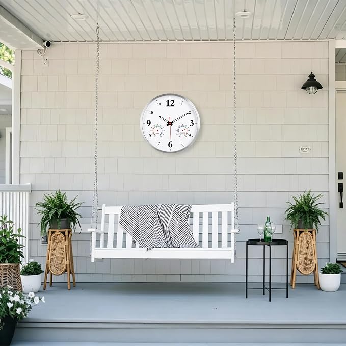 Outdoor Clock Waterproof with Thermometer and Hygrometer Combo, Metal Outdoor Wall Clocks for Patio Pool Garden - 12 Inch White